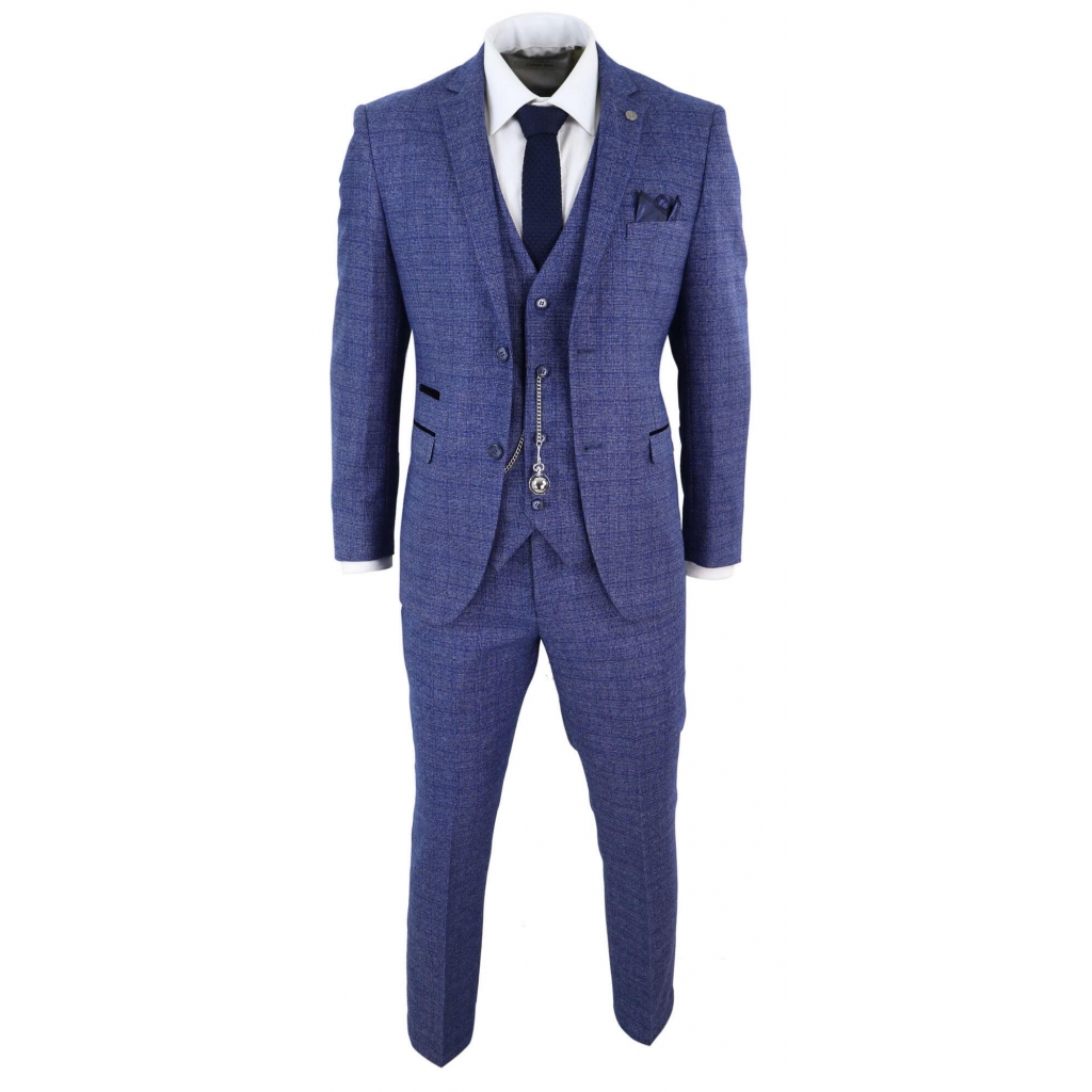 Mens Tweed Blue 3 Piece Check Suit Pocket Watch Tailored Fit Peaky ...