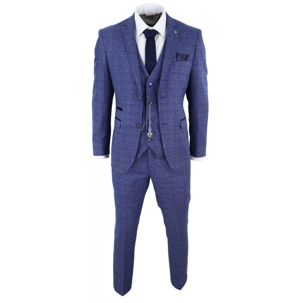 Mens Tweed Blue 3 Piece Check Suit Pocket Watch Tailored Fit Peaky Blinders