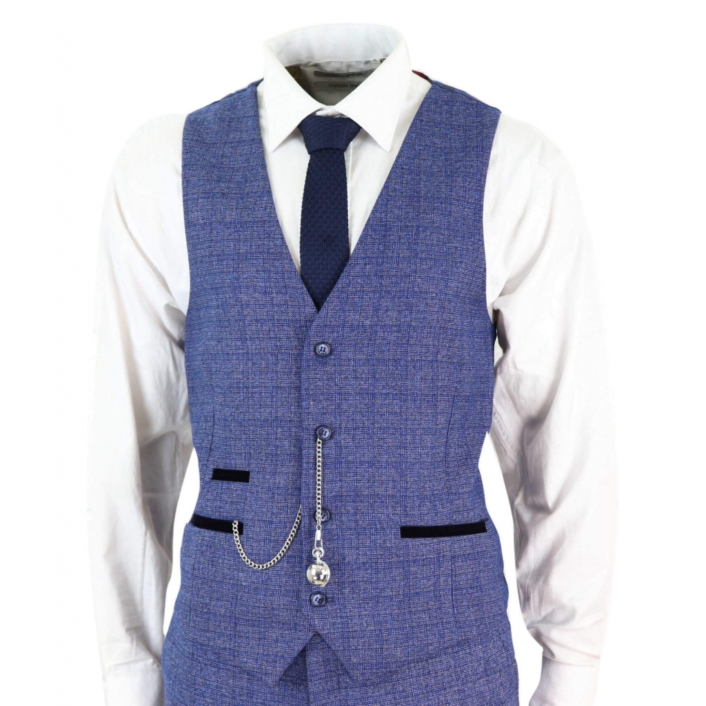 Mens Tweed Blue 3 Piece Check Suit Pocket Watch Tailored Fit Peaky ...