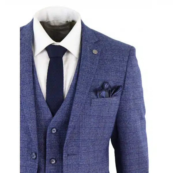 Mens Tweed Blue 3 Piece Check Suit Pocket Watch Tailored Fit Peaky Blinders