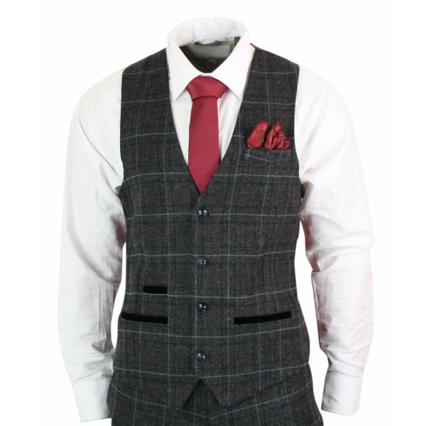 Paul Andrew Harvey - Mens Charcoal Grey Black 3 Piece Tweed Suit Wine Vintage Retro Peaky Blinders