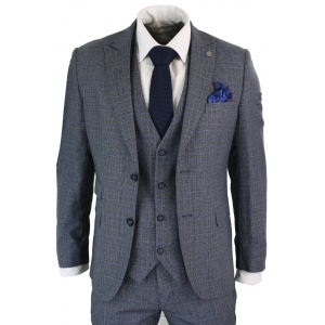 Paul Andrew Henry – Mens 3 Piece Tailored Fit Prince Of Wales Check Grey Blue Tweed Suit Vintage Retro