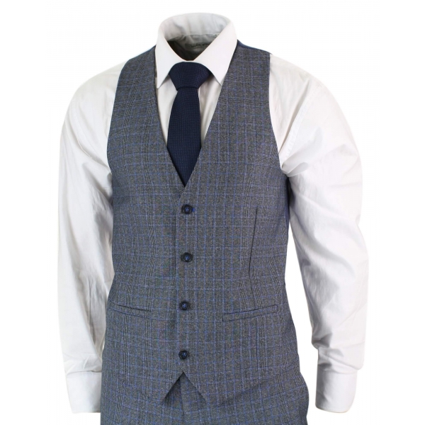 Paul Andrew Henry - Mens 3 Piece Tailored Fit Prince Of Wales Check Grey Blue Tweed Suit Vintage Retro