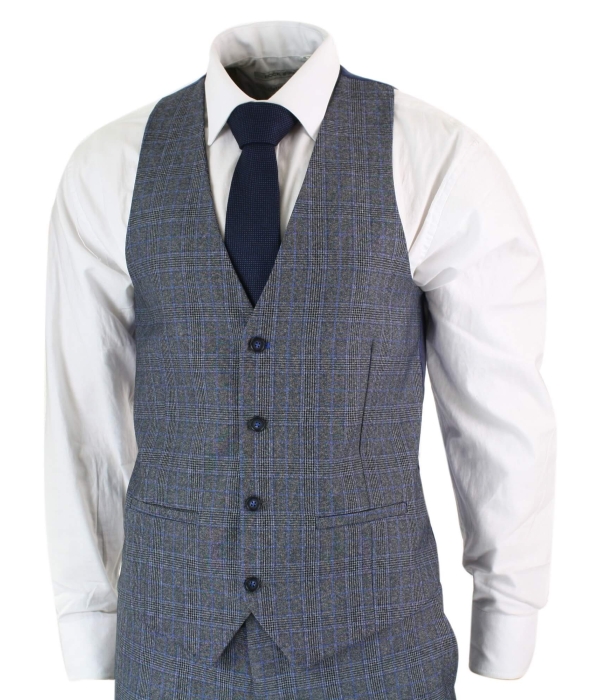 Paul Andrew Henry - Mens 3 Piece Tailored Fit Prince Of Wales Check Grey Blue Tweed Suit Vintage Retro