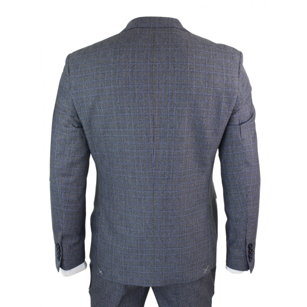 Paul Andrew Henry - Mens 3 Piece Tailored Fit Prince Of Wales Check Grey Blue Tweed Suit Vintage Retro