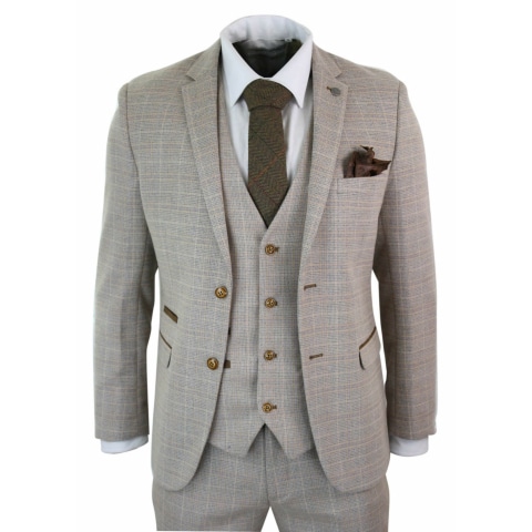 Paul Andrew Holland - Mens Check Tweed Beige Brown 3 Piece Suit Wedding ...