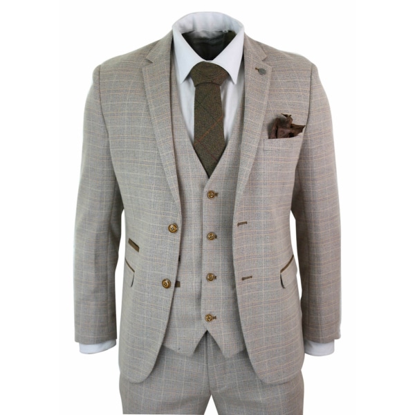 Paul Andrew Holland - Mens Check Tweed Beige Brown 3 Piece Suit Wedding Prom Vintage Retro Classic