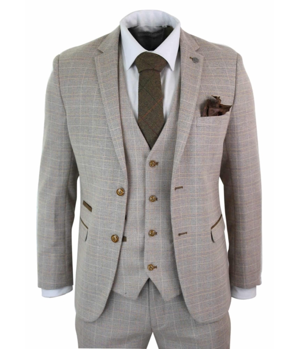 Paul Andrew Holland - Mens Check Tweed Beige Brown 3 Piece Suit Wedding Prom Vintage Retro Classic