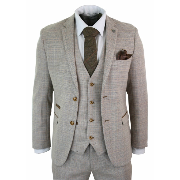 Paul Andrew Holland - Mens Check Tweed Beige Brown 3 Piece Suit Wedding ...