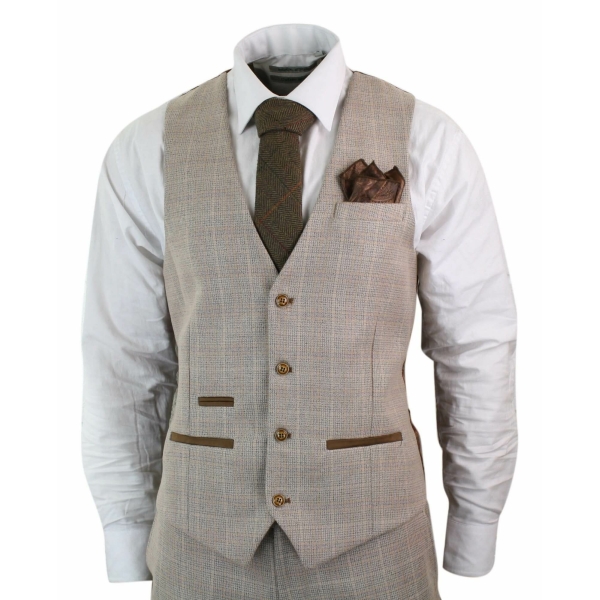 Paul Andrew Holland - Mens Check Tweed Beige Brown 3 Piece Suit Wedding Prom Vintage Retro Classic