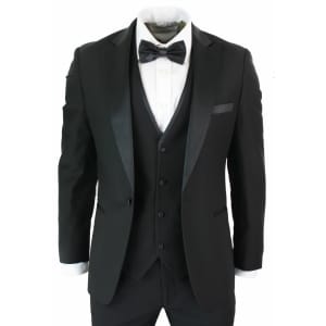Paul Andrew Regent Black – Mens 3 Piece Black Classic Satin Tuxedo Dinner Suit Tailored Fit Wedding Prom