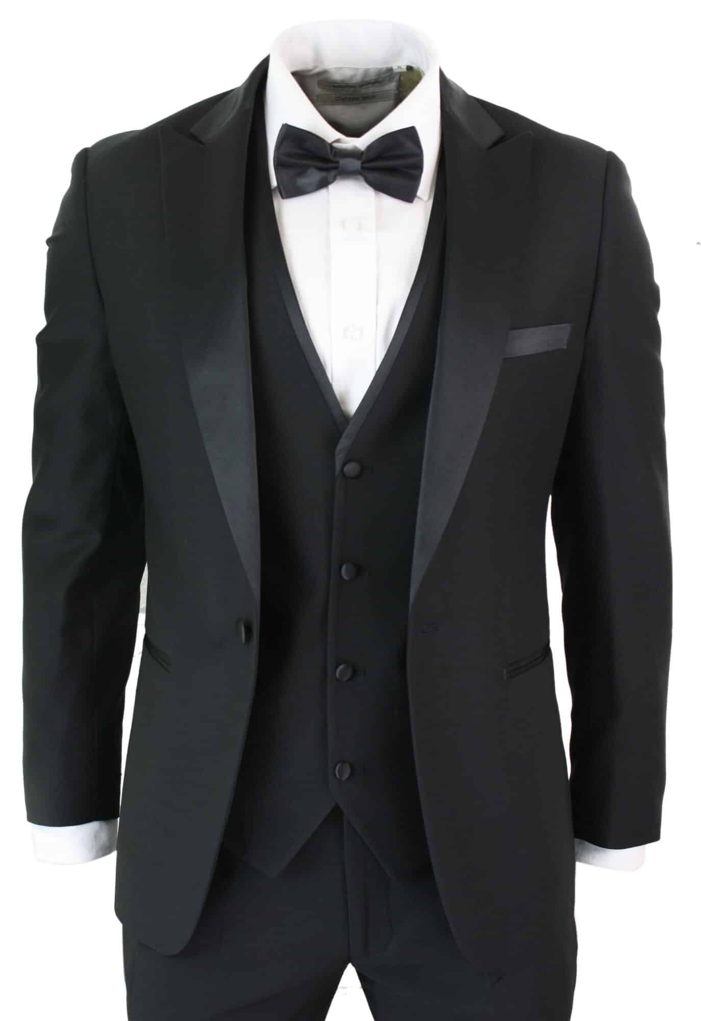 Paul Andrew Regent Black Mens 3 Piece Black Classic Satin Tuxedo Dinner Suit Tailored Fit