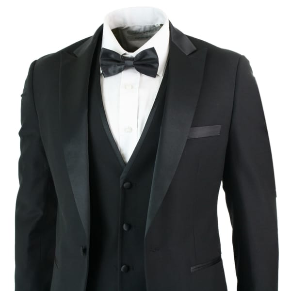 Paul Andrew Regent Black - Mens 3 Piece Black Classic Satin Tuxedo Dinner Suit Tailored Fit Wedding Prom
