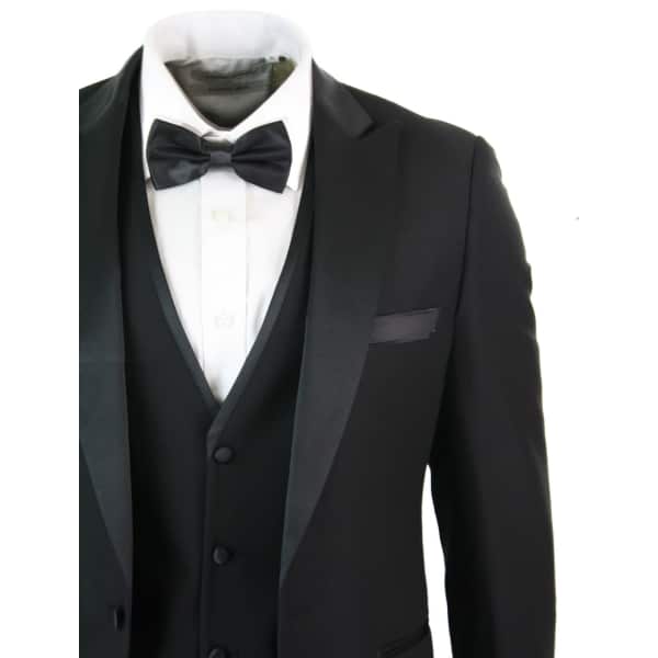Paul Andrew Regent Black - Mens 3 Piece Black Classic Satin Tuxedo Dinner Suit Tailored Fit Wedding Prom