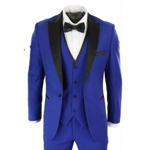 Paul Andrew Regent Blue – Mens 3 Piece Blue Black Satin Tuxedo Dinner Suit Tailored Fit Wedding Prom Groom