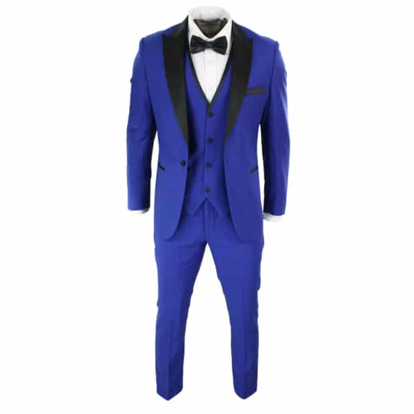 Paul Andrew Regent Blue - Mens 3 Piece Blue Black Satin Tuxedo Dinner Suit Tailored Fit Wedding Prom Groom