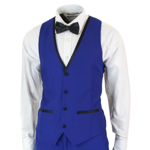 Paul Andrew Regent Blue - Mens 3 Piece Blue Black Satin Tuxedo Dinner Suit Tailored Fit Wedding Prom Groom