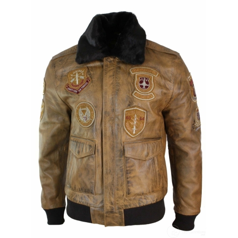 Mens Aviator Flying Pilot Bomber Jacket Vintage Tan Removable Black Fur ...