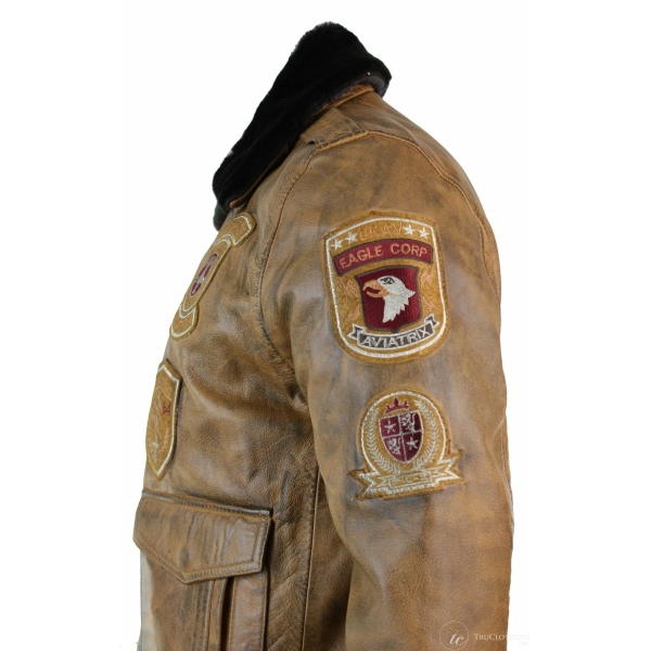 Mens Aviator Flying Pilot Bomber Jacket Vintage Tan Removable Black Fur Collar-Brown