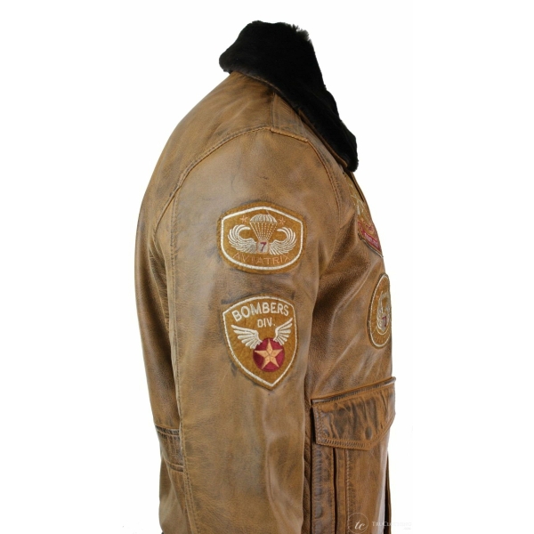 Mens Aviator Flying Pilot Bomber Jacket Vintage Tan Removable Black Fur Collar-Brown