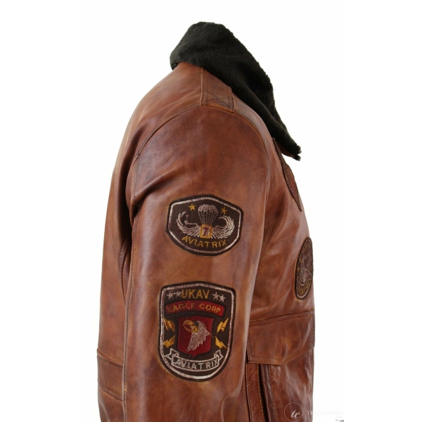 Mens Aviator Flying Pilot Bomber Jacket Vintage Tan Removable Black Fur Collar-Nevada Timber