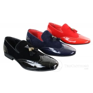 Patron 239-10 Mens Slip On Tassel Driving Shoes Shiny Black Patent Leather PU Suede Loafers