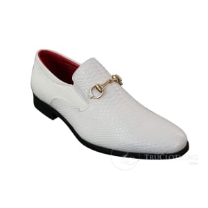 Patron 80058 – Mens White Black Patent Shiny Slip On PU Snake Crocodile Leather Shoes Gold Buckle