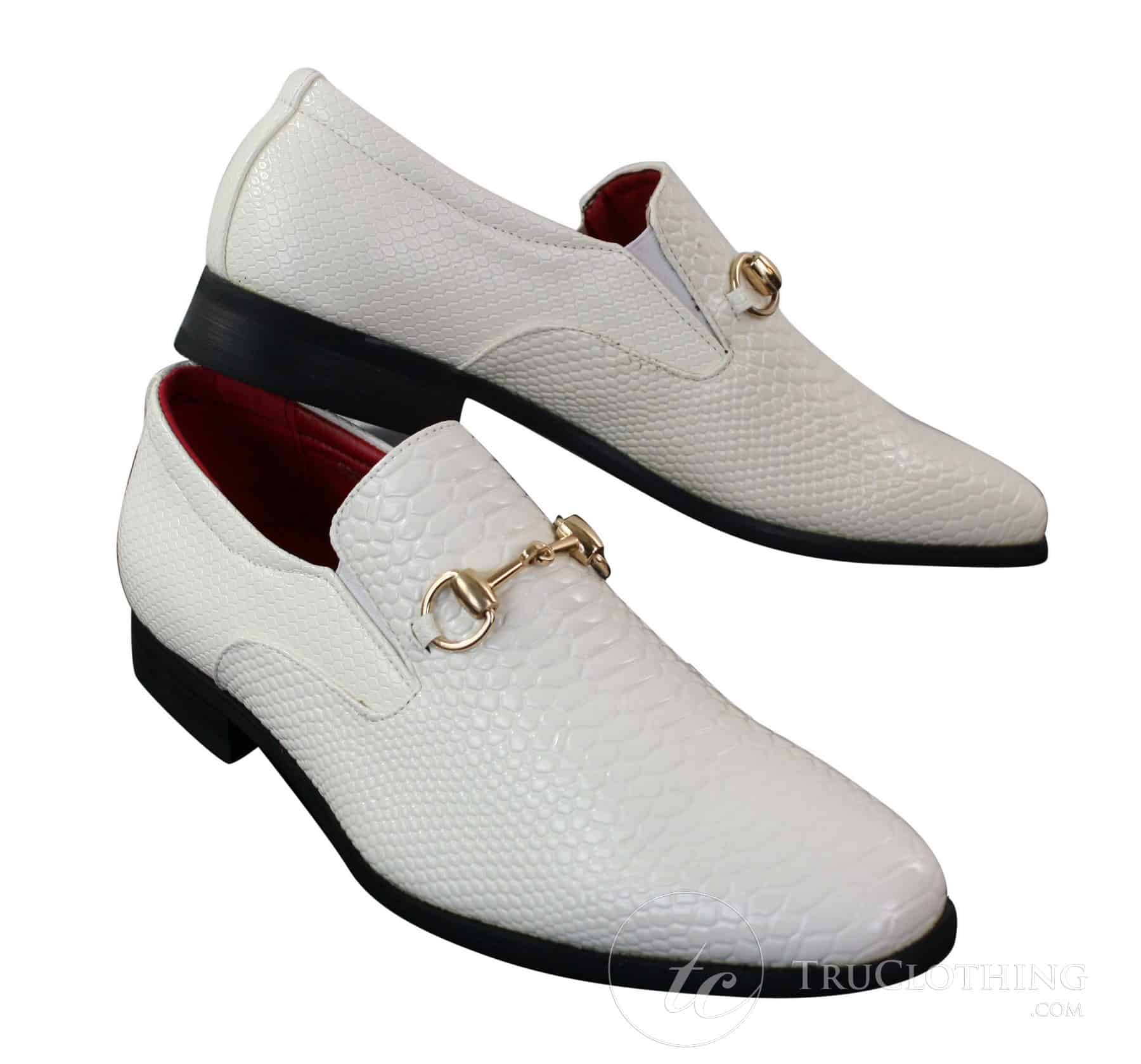 Patron 80058 - Mens White Black Patent Shiny Slip On PU Snake Crocodile  Leather Shoes Gold Buckle