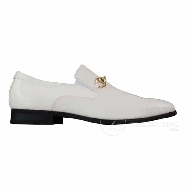 Patron 80058 - Mens White Black Patent Shiny Slip On PU Snake Crocodile Leather Shoes Gold Buckle