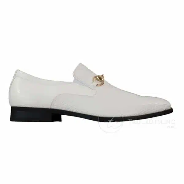 Patron 80058 - Mens White Black Patent Shiny Slip On PU Snake Crocodile Leather Shoes Gold Buckle