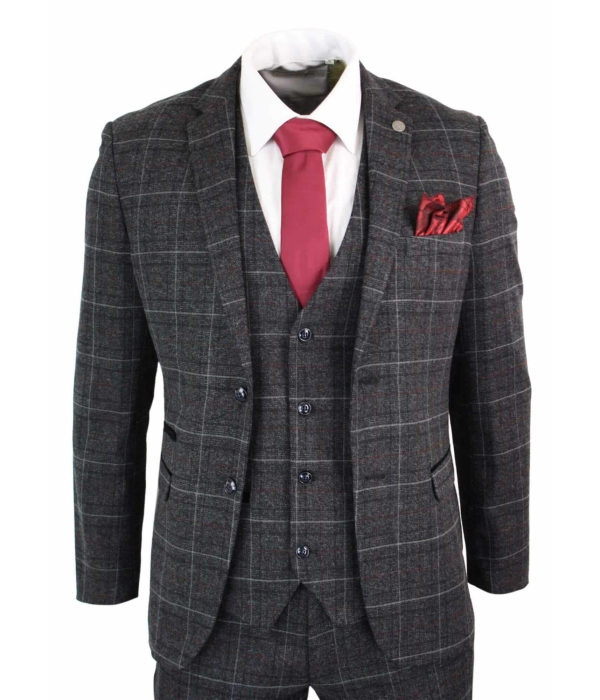 Paul Andrew Harvey - Mens Charcoal Grey Black 3 Piece Tweed Suit Wine Vintage Retro Peaky Blinders