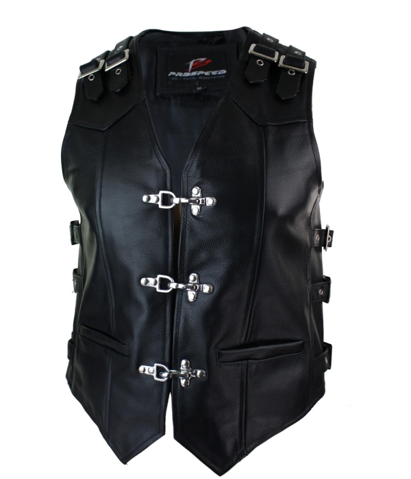 Mens Real Hide Leather Biker Motorcycle Waistcoat Vest Buckle Belted Hook