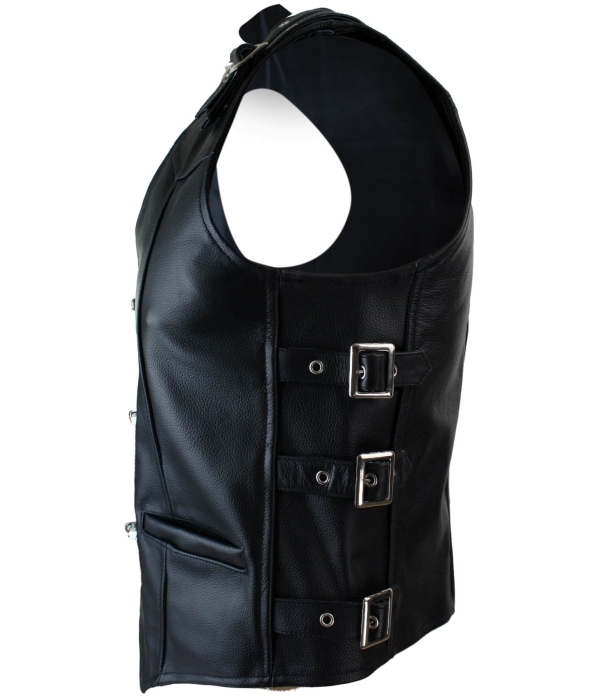 Mens Real Hide Leather Biker Motorcycle Waistcoat Vest Buckle Belted Hook