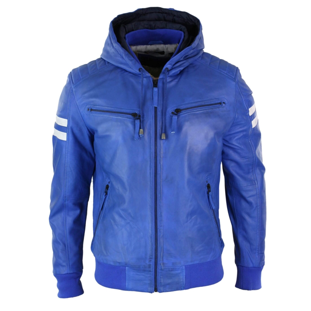 Mens Realy Leather Bomber Jacket With Hood Blue Buy Online Happy Gentleman 