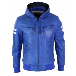 Men’s Realy Leather Bomber Jacket with Hood-Blue