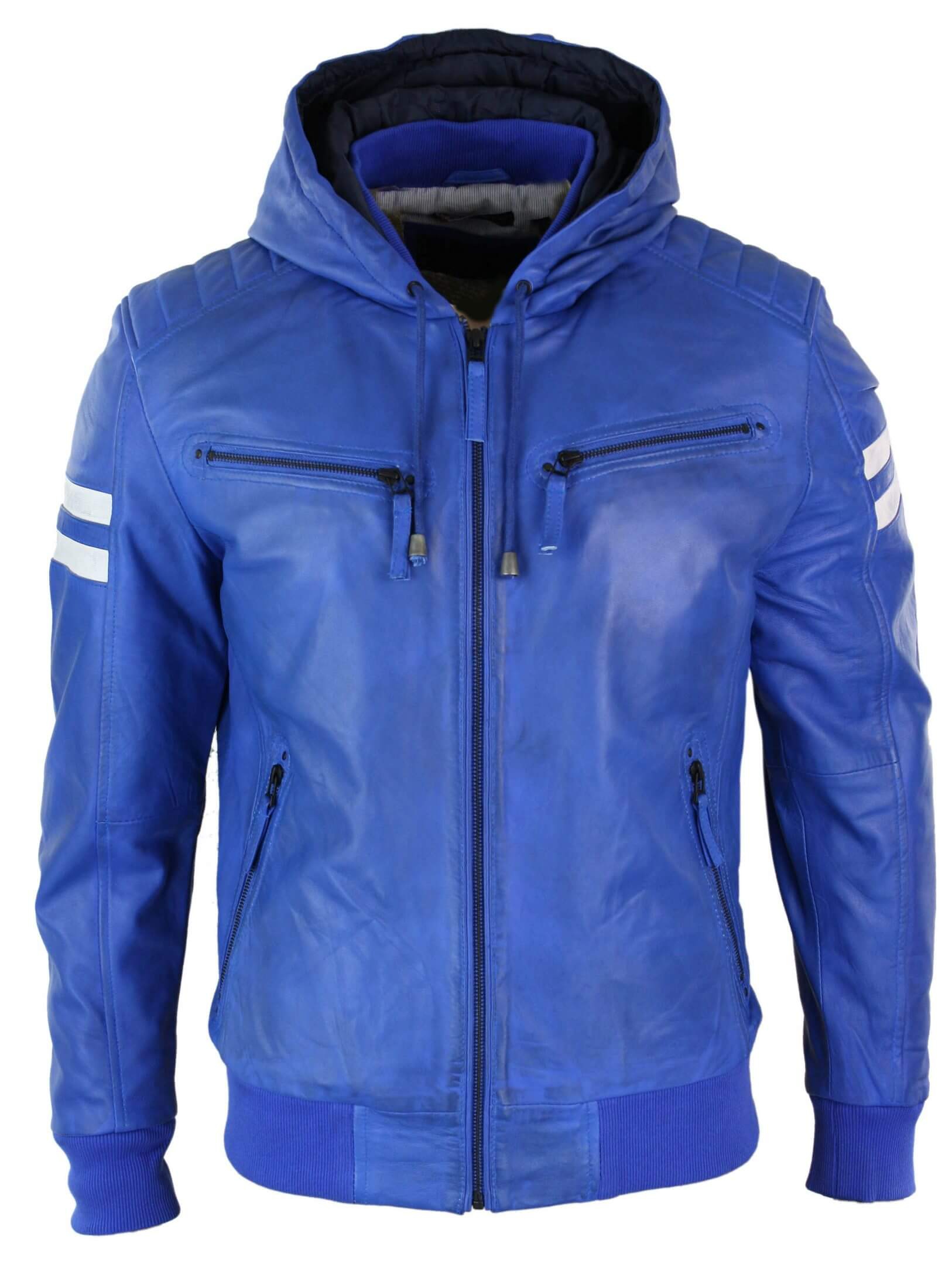 Men's Realy Leather Bomber Jacket with Hood-Blue: Buy Online - Happy ...