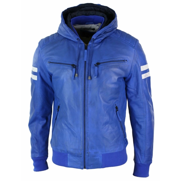 Men's Realy Leather Bomber Jacket with Hood-Blue