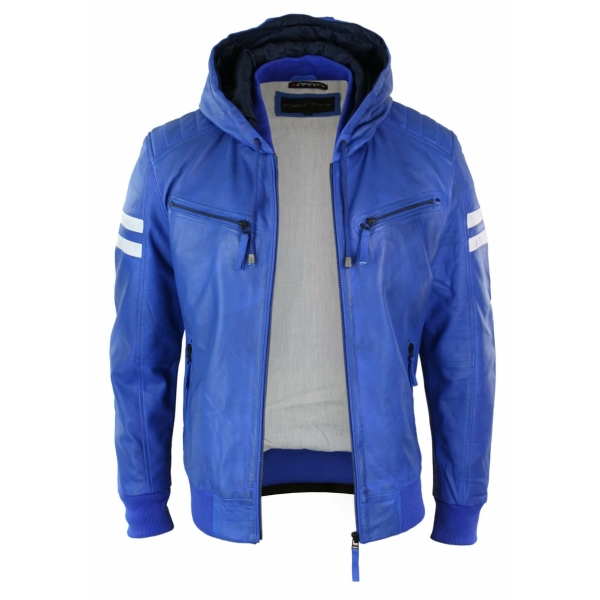 Men's Realy Leather Bomber Jacket with Hood-Blue
