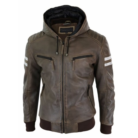 Men's Real Leather Bomber Jacket with Hood-Brown: Buy Online - Happy ...