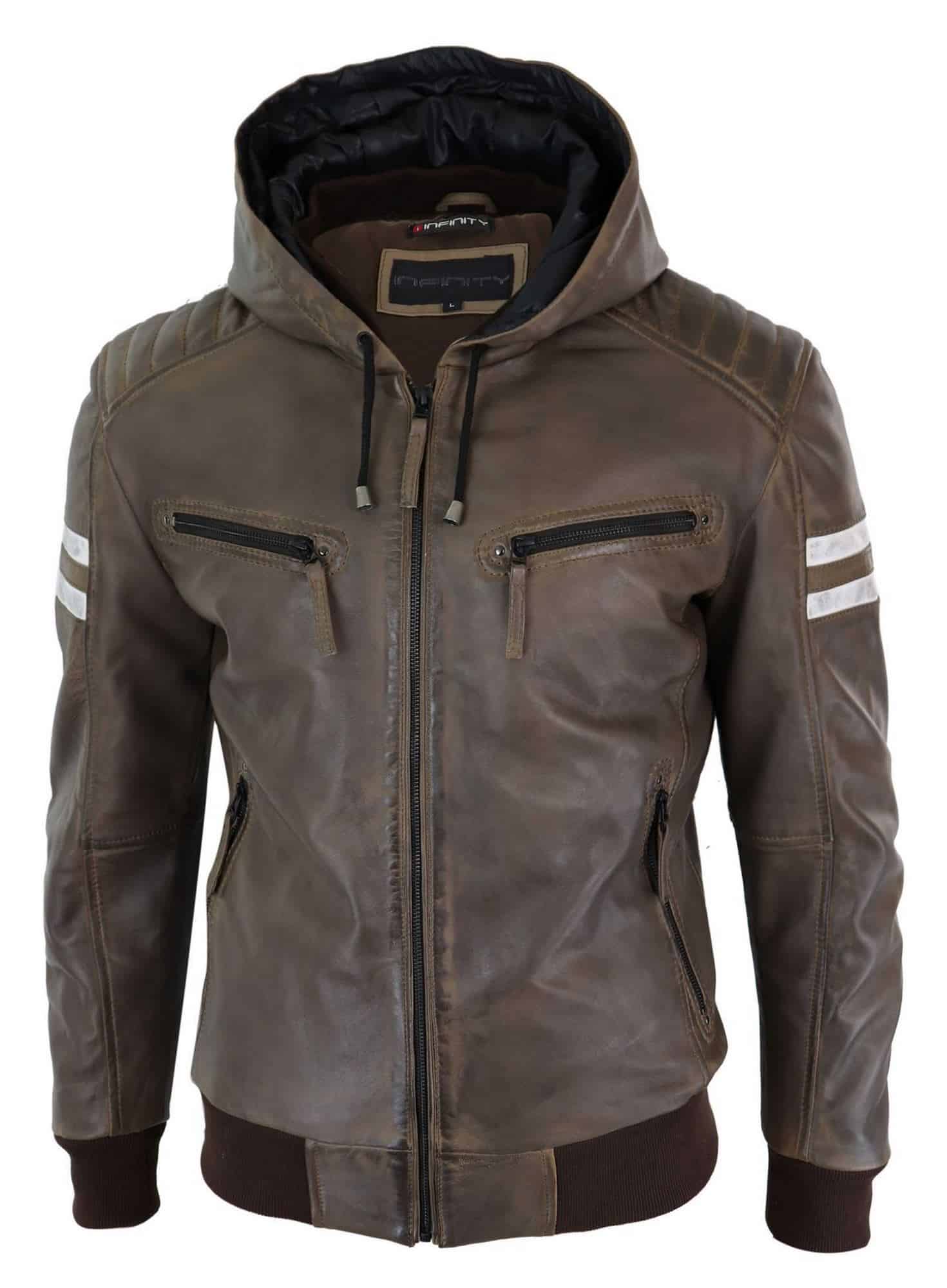 Men's Real Leather Bomber Jacket with Hood-Brown: Buy Online - Happy ...