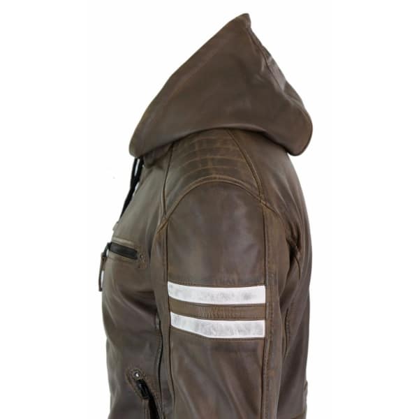 Men's Real Leather Bomber Jacket with Hood-Brown
