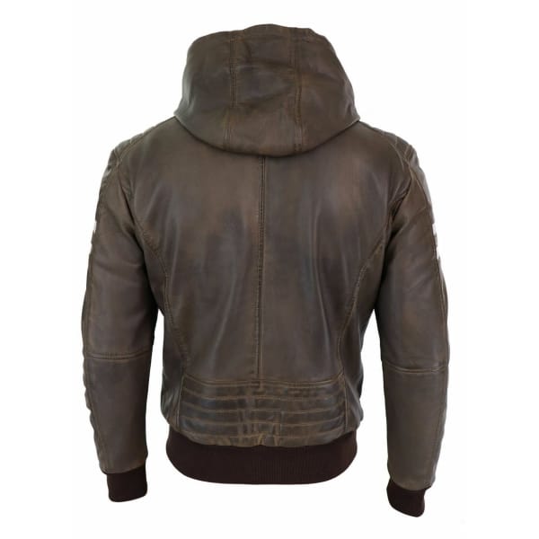 Men's Real Leather Bomber Jacket with Hood-Brown