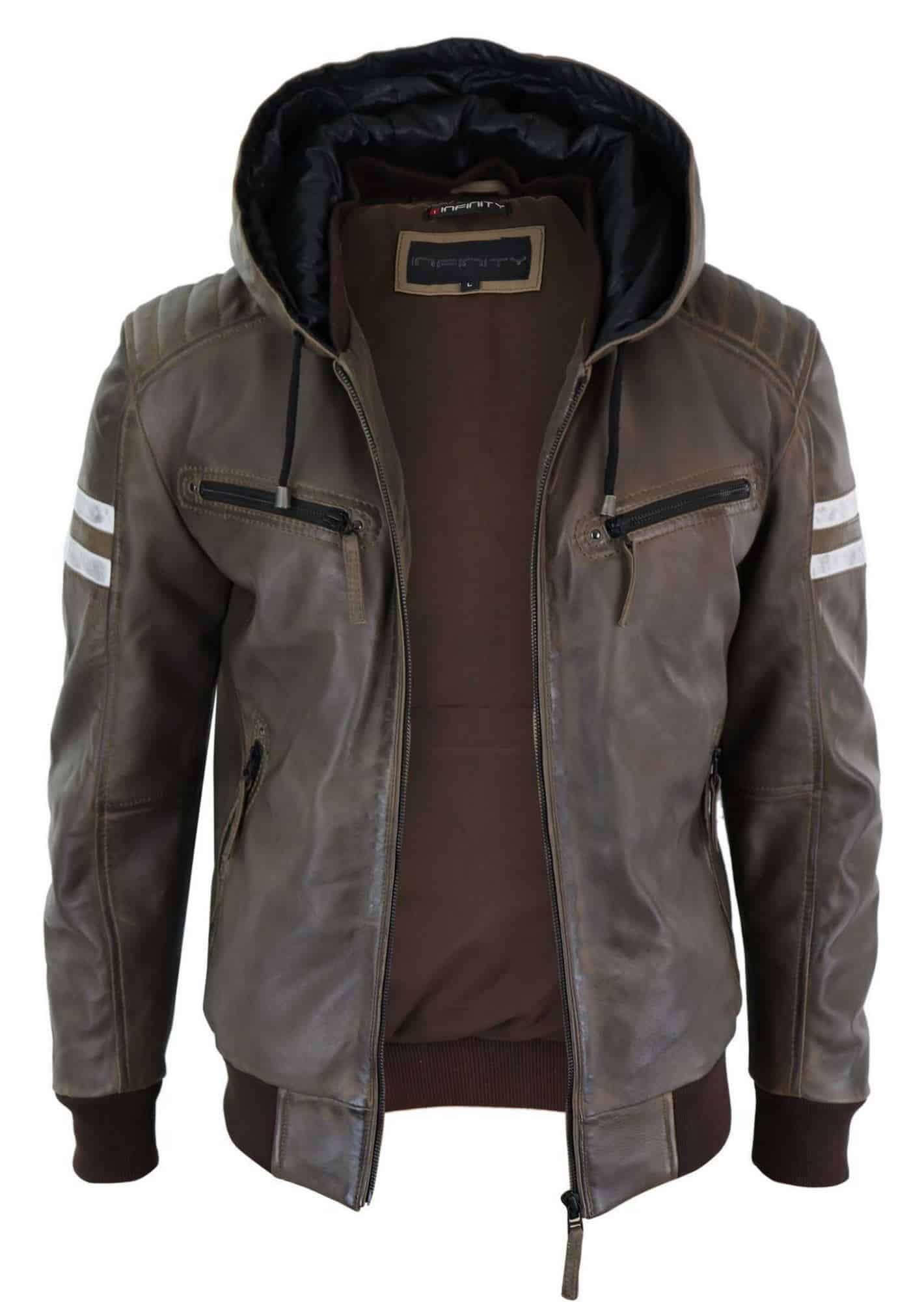 Men's Brown Motorcycle Bomber Leather Jacket with Removable Hood
