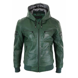 Men’s Real Leather Bomber Jacket with Hood-Green