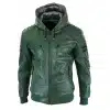 Men's Real Leather Bomber Jacket with Hood-Green
