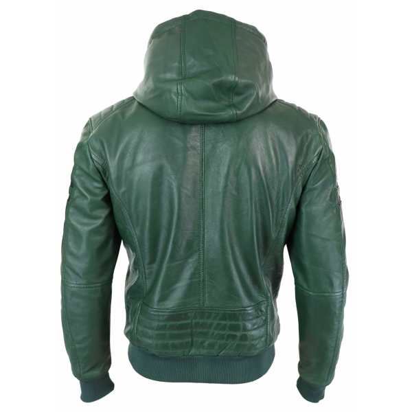 Men's Real Leather Bomber Jacket with Hood-Green