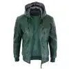Men's Real Leather Bomber Jacket with Hood-Green