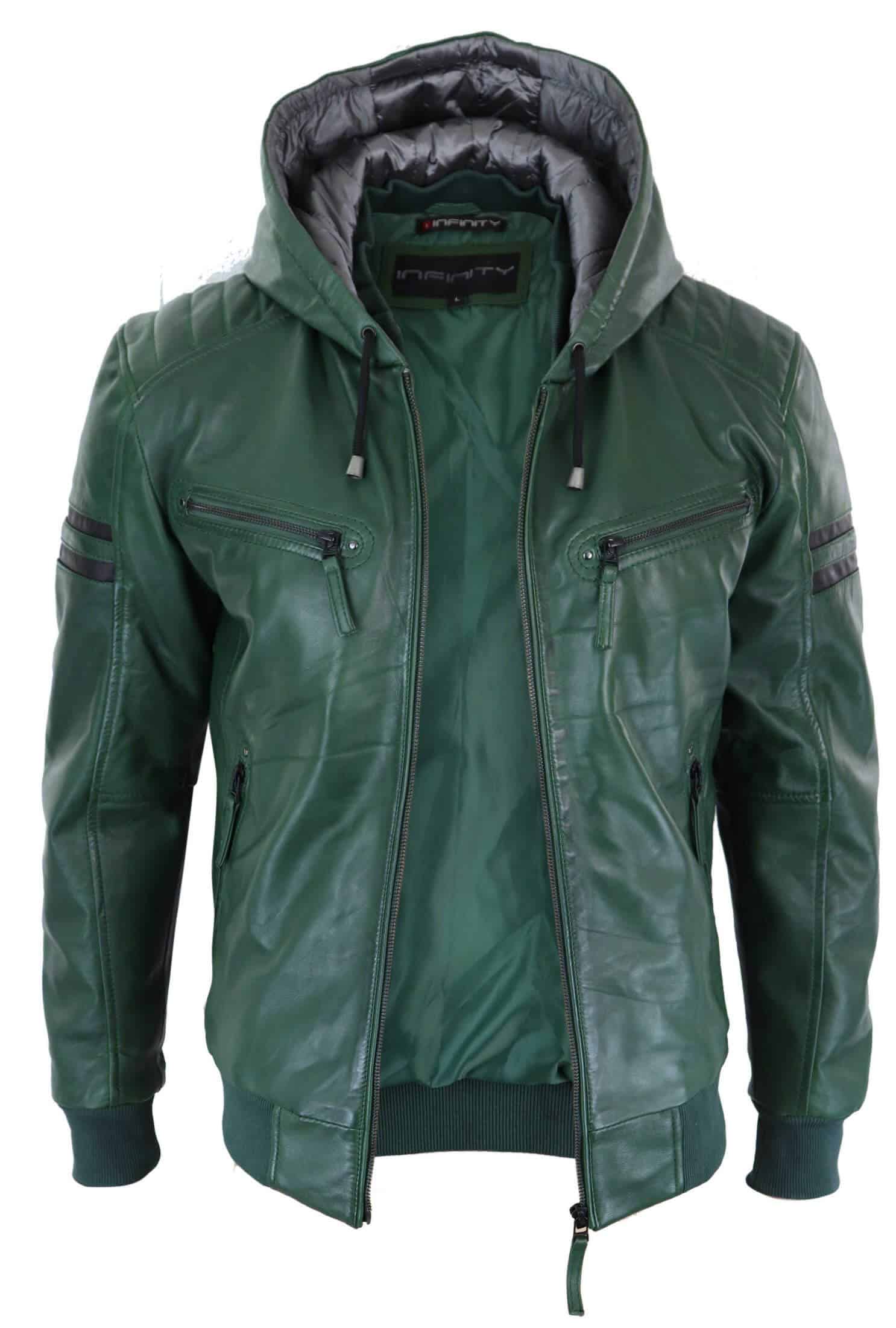 Men's Real Leather Bomber Jacket with Hood-Green: Buy Online - Happy ...