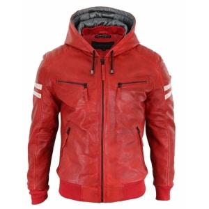 Men’s Real Leather Bomber Jacket with Hood-Red