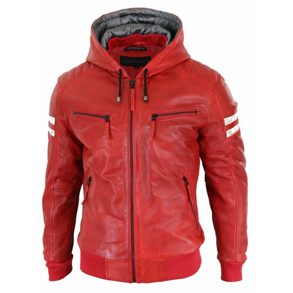Men's Real Leather Bomber Jacket with Hood-Red: Buy Online - Happy ...